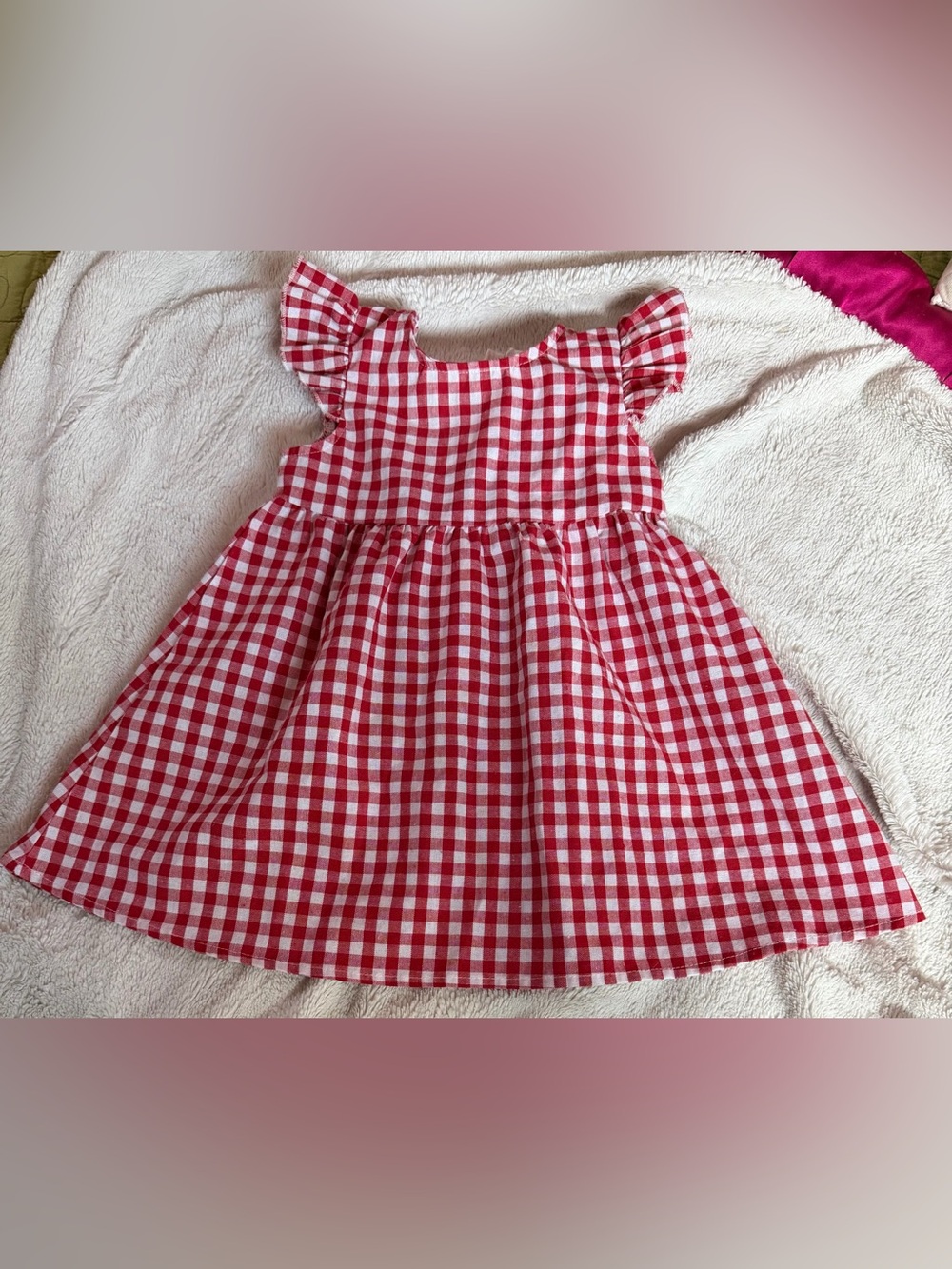 SHEIN Red and White Gingham Flutter Sleeve Kids Dress
